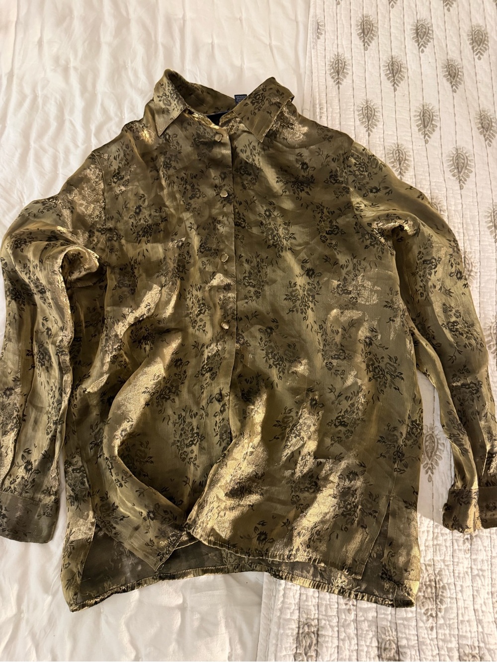 Karen Scott Olive Green Satin Floral Button-Up Blouse